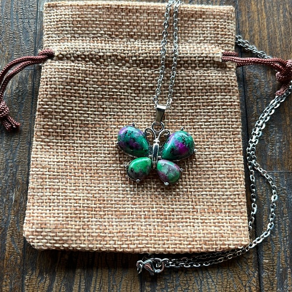 Ruby Zoisite Butterfly Necklace Ruby in Zoisite Pendant Crystal Quartz Necklace - Picture 1 of 3